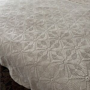 Cream Crochet Coverlet Throw Blanket with Fringe